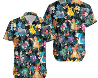 Cartoon Character Hawaiian Shirt, PKMSummer Trip Button Shirt, Family Hawaiian Shirt,Hawaiian Aloha Shirt, Anime Shirt, Family Matching Trip