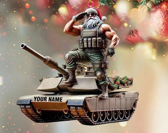 Personalized Military Santa Tank Car 2D Flat Ornament Gift For Tank Lover, Custom Tank Xmas Tree Decor, Christmas Gift For Tank Car Lover
