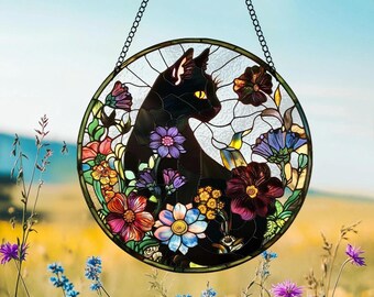 Stained Glass Suncatcher,Black Cat Stained Glass Suncatcher,Floral Window Hanging Gift for Cat Lovers,  Nature Decor for Home and Cat Lovers