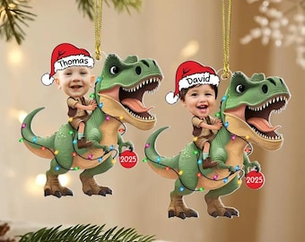Merry Xmas Customs Name Dinosaur Face Ornament: Custom Kids Photo Ornament, Custom Baby Face Ornament, 2D Flat Ornament