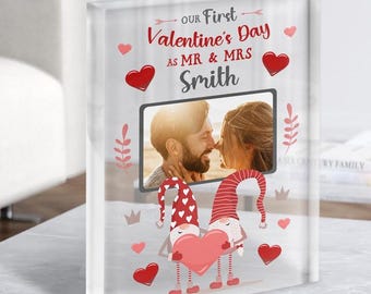 Romantic Gift For Fiancee Gnome With Love Heart Personalised Acrylic Block - Personalised Gift, Keepsake Gift, Custom Gift