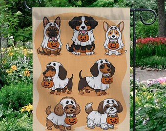 May include: A Halloween-themed garden flag featuring cartoon dogs dressed in ghost costumes, each holding a pumpkin-shaped candy bucket. The dogs are set against a light orange background, with a black metal hanging rod.