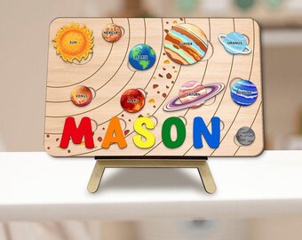Planet Custom Shape Wooden Puzzle, Wooden Space Puzzle for Baby, Montessori Educational Gift, Toddler name puzzle, Birthday gift