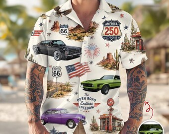 Custom Vintage Car Aloha Shirt, Route 66 Patriotic Hawaiian Shirt, Sumer Shirt, Personalized Vintage Car Aloha Shirt, Beach Car Shirt