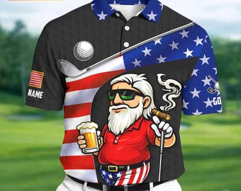 Golf And Beer Patriotic Man Golf Ball Pattern 4th Of July Black Golf Shirt, 250th Anniversary Golf Shirts For Men