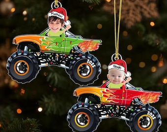 Merry Xmas Customs Name Baby Monster Truck Photo Acrylic Ornament, Custom Baby Face Ornament, 2D Flat Ornament 1
