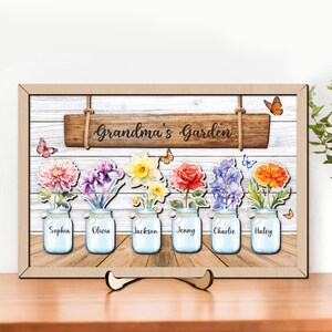 Happy Mother&#39;s Day 2025 Personalized Grandma&#39;s Garden 2-Layered Wooden Frame With Stand, Custom Grandma & Grandkids Name Plaque