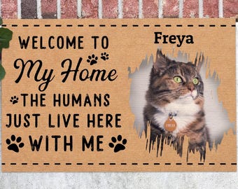 May include: A rectangular doormat with the text "WELCOME TO My Home THE HUMANS JUST LIVE HERE WITH ME" and a picture of a cat named Freya. The cat has brown and white fur and green eyes. The doormat is brown.