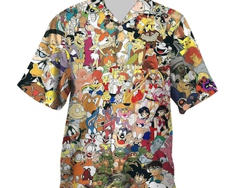 90s Cartoon Colorful Hawaiian Shirt, Saturday Morning Cartoons Summer Shirt, Hawaiian Aloha Shirt, Anime Shirt, Family Matching Trip