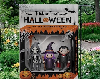 Trick or Treat Halloween Garden Flag, Spooky Yard Decor, Skeleton Witch Vampire Sign, Outdoor Fall Decoration, Festive Welcome Flag