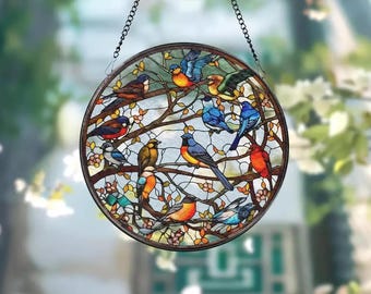 Stained Glass Window Hanging, Birds Stained Glass Suncatcher, Window Hanging Decor, Sunlight Catcher for Home Decor, Gift For Lover