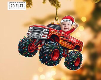 Merry Xmas Customs NameBaby Monster Truck Photo 2D Flat Acrylic Ornament, Custom Baby Face Ornament, 2D Flat Ornament