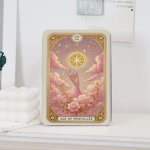 May include: A tarot card featuring a hand reaching towards a golden symbol, set against a backdrop of pink clouds and roses. The card is framed with a gold border and the text "ACE OF PENTACLES".