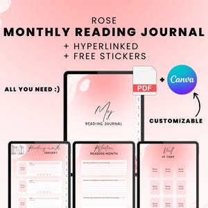 May include: A digital printable reading journal with a pink and white color scheme. The journal includes sections for tracking books read, reflections, and a wall of fame. The journal is customizable using Canva and comes in PDF format.