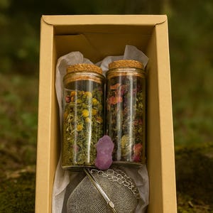 May include: A gift set featuring two glass jars filled with dried herbs and flowers, a purple crystal, and a stainless steel tea infuser. The jars have cork lids and are presented in a brown cardboard box, ideal for tea lovers.