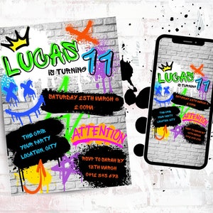 Graffiti style birthday invitation Street Art Birthday Invitation Bold Colourful Urban Themed Canva Editable Download