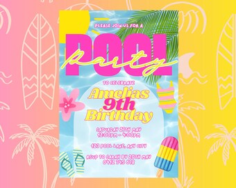 May include: A blue and pink pool party invitation with a palm tree, a swimsuit, flip-flops, and a popsicle. The text reads "Pool Party" to celebrate Amelia's 9th birthday. The party is on Saturday, 27th May from 12:00 PM to 4:00 PM at 123 Pool Lane, Any City. RSVP to Sarah by 20th May on 0412 345 678.