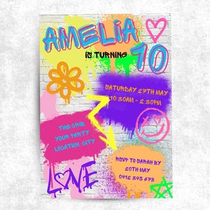 May include: A colorful birthday party invitation with graffiti-style text and design elements. The invitation features the name "AMELIA" and the number "10", along with event details, including the date, time, and RSVP information.