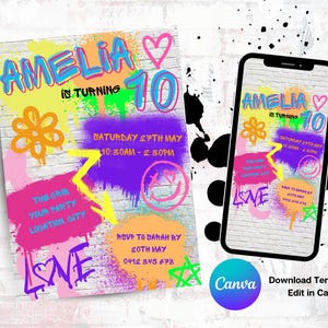 Girls Graffiti style birthday invitation Street Art Birthday Invitation Bold Bright Colourful Urban Themed Canva Editable Download