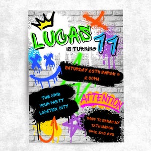 May include: A graffiti-style birthday party invitation for Lucas turning 17. The invitation features a brick wall background with colorful spray paint designs, including a smiley face, a crown, and the text "Lucas is turning 17". The invitation also includes the date and time of the party, "Saturday 25th March @ 2:00PM", and the location, "The Crib, Your Party, Location, City".