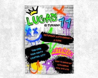 May include: A graffiti-style birthday party invitation for Lucas turning 17. The invitation features a brick wall background with colorful spray paint designs, including a smiley face, a crown, and the text "Lucas is turning 17". The invitation also includes the date and time of the party, "Saturday 25th March @ 2:00PM", and the location, "The Crib, Your Party, Location, City".