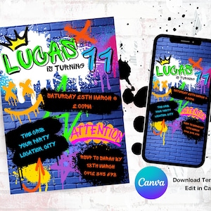 Graffiti style birthday invitation Street Art Birthday Invitation Bold Colourful Urban Themed Canva Editable Download