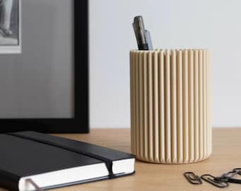 3D Printed Wood Pen Holder, Modern Ribbed Desk Organizer