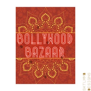 Op de afbeelding: Een rode achtergrond met een gouden mandala-ontwerp en de tekst "BOLLYWOOD BAZAAR" in wit.