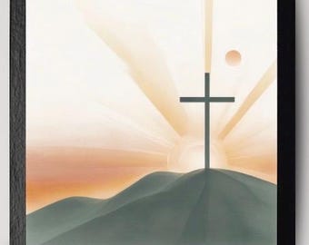Christian Easter Wall Art Cross Artwork Religious Easter Print Cross in Cloud Sun And Moon PNG Digital Download Bible print Vintage Christia