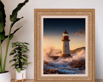 lighthouse watercolor painting, nautical printable wall art, coastal decor, beach house decor, waves splashing wall art, PNG, digital downlo