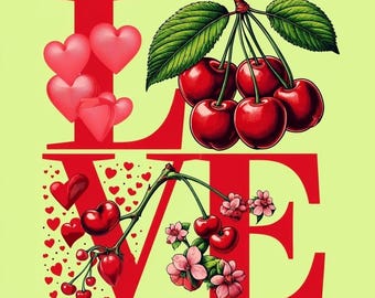 Valentines day print, Cherry and hearts print, flowers decor, romantic wall art, digital download, pink hearts, lime cream, red roses
