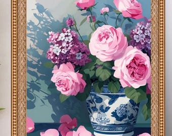 FINE ART PRINT blue and white ginger jar, chinoiserie, flower digital wall art, spring, pink rose, lilac, png, modern decor, Valentines gift