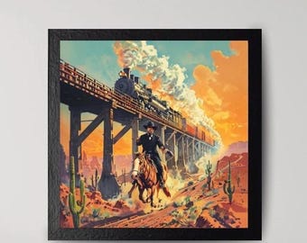 Steam train wall decor, train wall decor, landscape wall decor, southwestern wall decor, western wall art, png jpg, American western, cactus