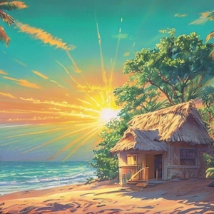 May include: A small, thatched-roof hut sits on a sandy beach with palm trees and turquoise water in the background. The sun is setting, casting a golden glow over the scene.