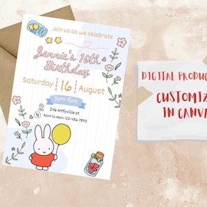 Miffy Birthday Invitation, Birthday Invite, Cute Birthday, Digital Download, Canva Download