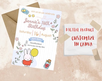 Miffy Birthday Invitation, Cute Canva Template (Digital Download)