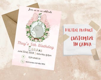May include: A pink and white birthday invitation featuring a cartoon character from the film My Neighbor Totoro. The invitation reads "Join us as we celebrate May's 5th Birthday" and includes the date, time, and location of the party. The text "DIGITAL PRODUCT CUSTOMIZE IN CANVA" is written on a separate piece of paper.