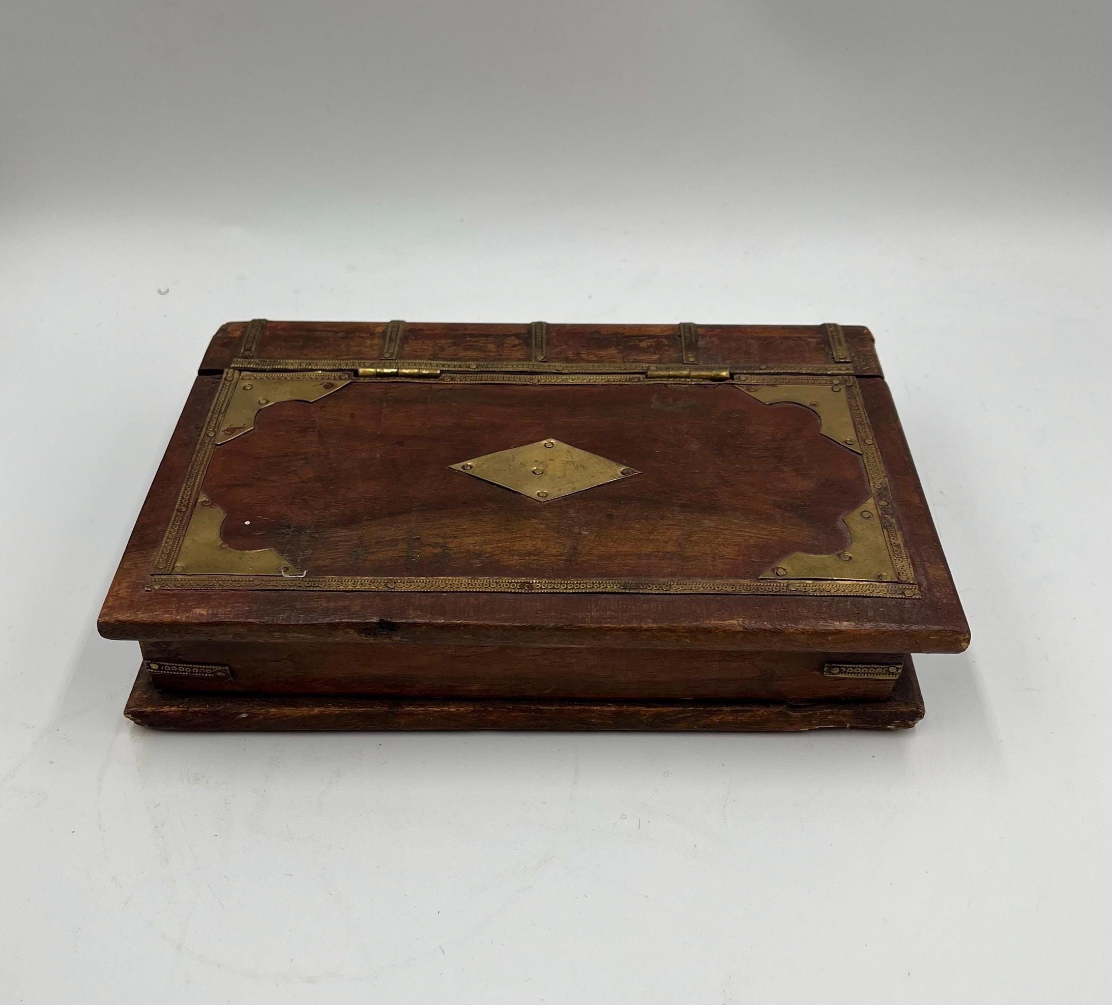 Antique Wooden Secret Book Box Cigarette Box With Brass Trim