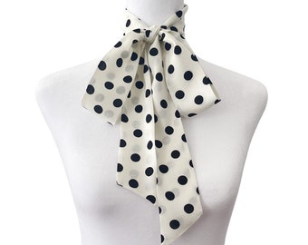Cream and Black Polka Dot Bow Scarf | Classic | 2" Wide | Pussy Bow | Vinatge Inspired | Neck Scarf | Hair Tie | Head Scarf | Gift