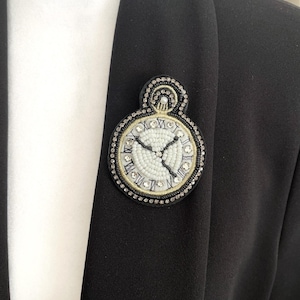 Broche de relógio de bolso com strass e miçangas | Presente para ela e ele | Broche de relógio | Presente exclusivo | Presente de época | Véspera de Ano Novo