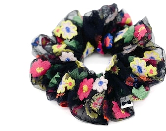 Black Embroidered Flower Scrunchies | 2 Sizes | Oversized Hair Ties | Floral Hair Tie | Statement Scrunchie | Gift for her | Colorful Flower