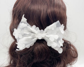 White Sparkling Flowers French Hair Barrette | Tulle Hair Clip | Floral Hair Barrette | Flower Girl Hair Bow | Bridal Hair Bow