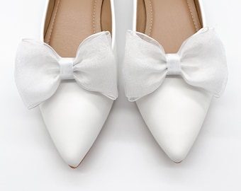 Blancs Petites pinces à chaussures avec noeud en organza | Clips pour chaussures de mariée | Accessoires de mariage | Accessoires de mariée | Chaussures de luxe | Chaussures de créateurs