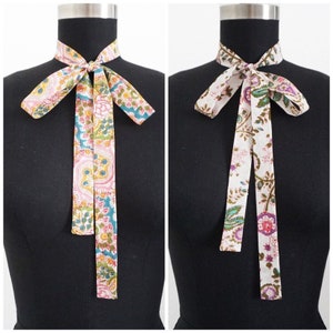 Floral Cotton Skinny Scarves 2 Prints Bow Scarf Pussy Bow Head Scarf Gifts for her image 1