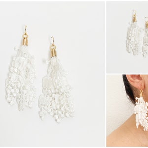 Lace Tassel Earrings 14k Gold Bridal Earrings Statement Earrings White Earrings image 1
