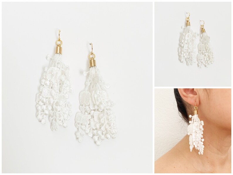 Lace Tassel Earrings 14k Gold Bridal Earrings Statement Earrings White Earrings image 1