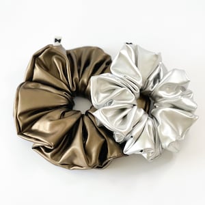 Metallic Leather Scrunchies | 2 Sizes | 2 Colors | Classic Size Scrunchies | Oversized Scrunchies | Hair Ties | Stocking Stuffers