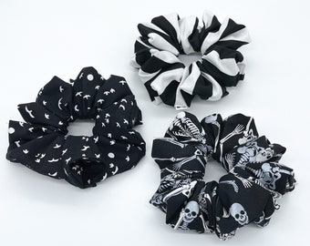 Spooky Cotton Scrunchies | 3 Prints | Hair Ties | Stripes | Birds | Skeletons