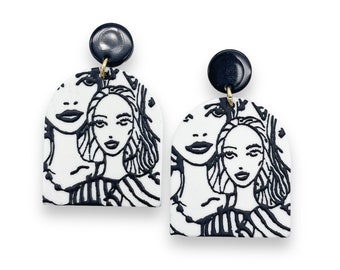 Two Babes Earrings | Black and White Earrings | Statement Earrings | Art Earrings | Gift for her