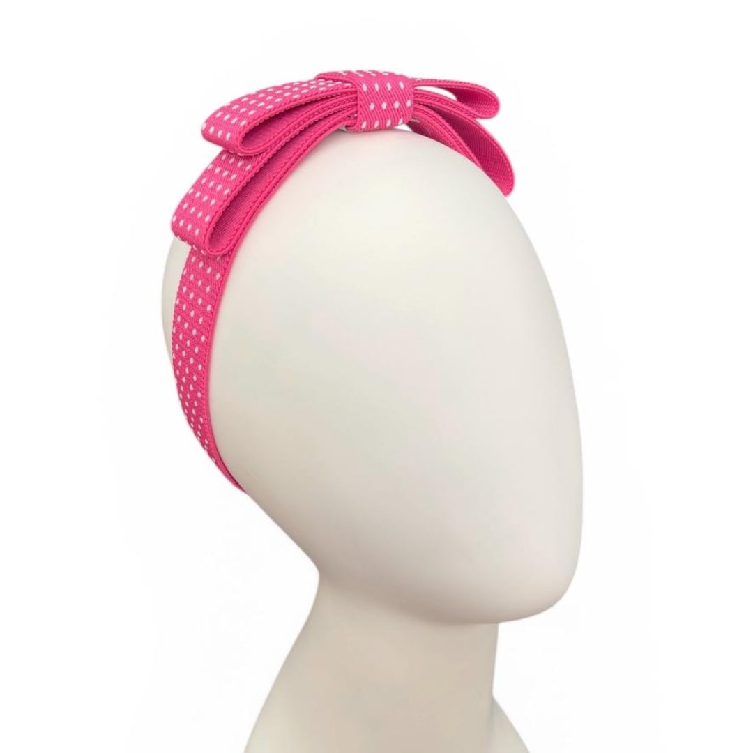 Pink Polka Dotted Double Bow Elastic Headband | Bow Headband | Ribbon ...